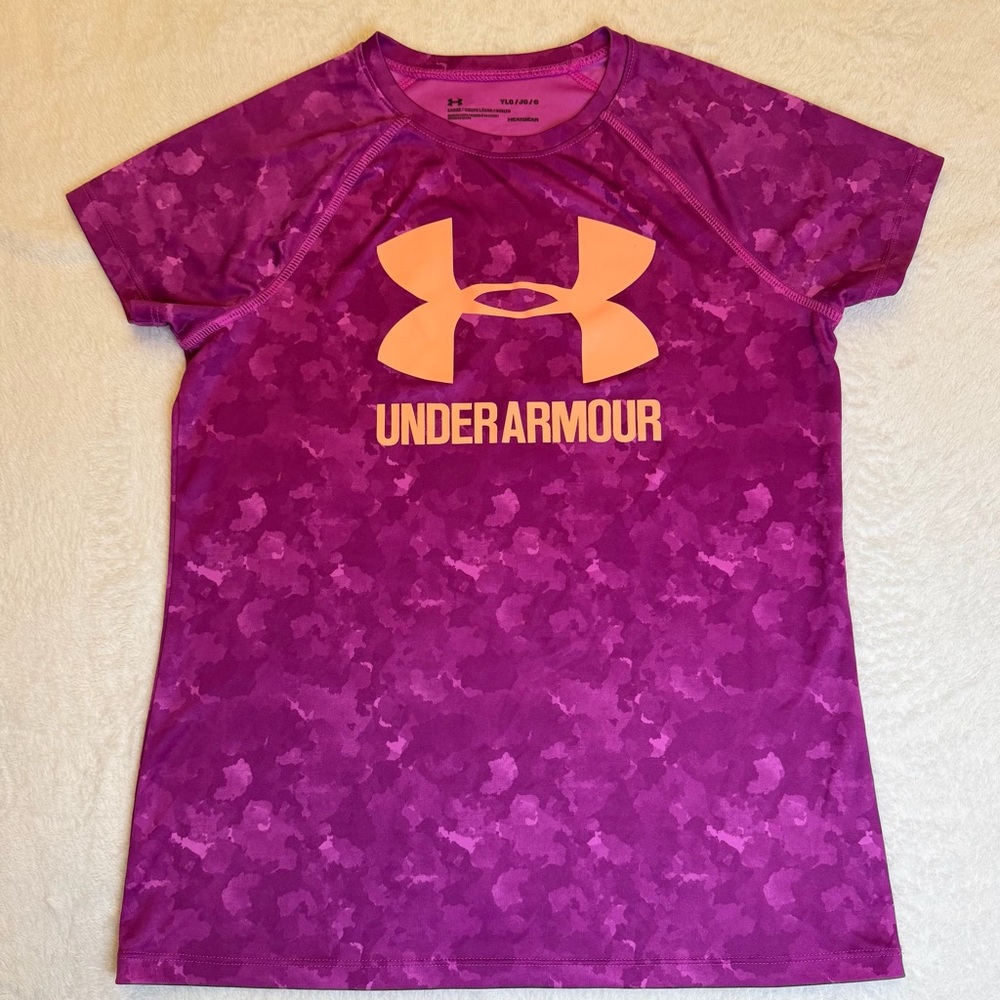 Under Armour purple graphic Tee Girls Logo Magenta Coral youth large 14